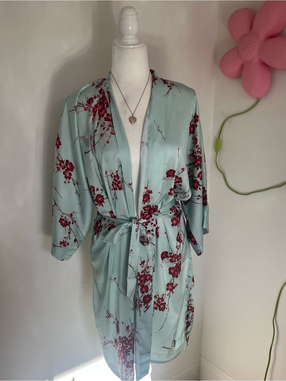 Old Shanghai Silk like Floral Light Blue Robe with Red Blossom and Crabe Print
